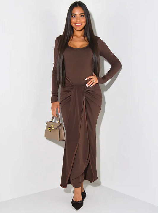Long Sleeve Tie-Front Bodycon Maxi Dress